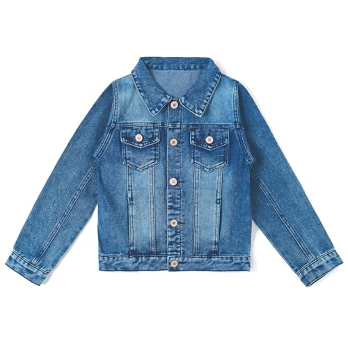 KIDSCOOL SPACE Little Kid Simple Jean Jacket, Stone Washed Soft Denim Coat Outfit,Deep Blue,18-24 Months