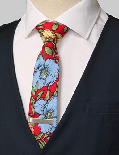 Image of Men's Skinny Tie Floral Cotton Necktie and Tie Bar Clip Sets, Great for Weddings,Groom,Groomsmen