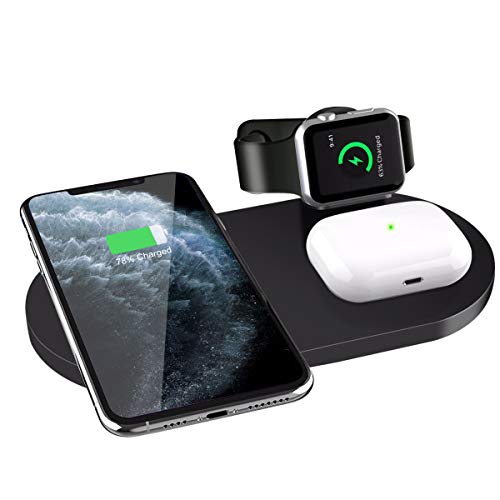 Cargador Inalámbrico Rápido, 3 en 1 Soportes de Carga para Apple Watch 5/4/3/2/1, AirPods Pro, Estación de Carga Qi Inalámbrica para iPhone SE（2020）/11 Pro/11 Pro Max/XR/XS/X/8, Samsung Galaxy S20/S10