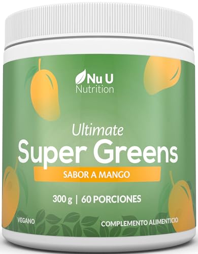 Super Greens | Mango | Polvo de Jugo Verde 300 g - 17 Ingredientes Superalimentarios Activos - 60 Porciones - con Inulina, Espirulina, Clorela, Raíz de Maca y Más - 100% Vegano - Nu U Nutrition