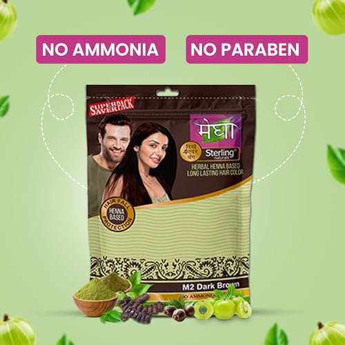 Megha Mehandi Hair Care Powder – Herbal Henna Based Long Lasting Hair Color Free Applicator Brush Inside (Pack Of 12, 15g) For Natural Henna & Amla Based Powder Hair Dye Solution | For Men & Women (Dark Brown)