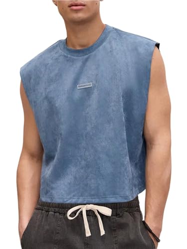 GORGLITTER Men's Letter Patched Washed Cropped Top Crewneck Sleeveless Street Tank Tops