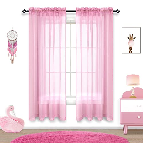 Pink Sheer Curtains 63 Inch Length For Girls Room Decor Window 2 Panels Set Kids Curtains For Bedroom Girls Bed Canopy Teen Girls Bedroom Decoration #TOP16