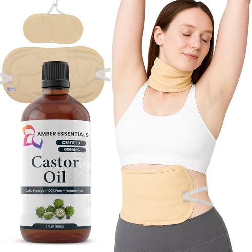 AMBER ESSENTIALS Reusable Castor Oil Pack Wrap Kit | Includes Organic Waist & Neck Wraps + 100ml Cold Pressed Organic Castor Oil | Detox Pack for Lymphatic Drainage & Hormone Balance