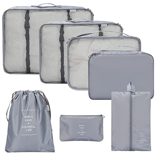 Packwürfel für Reisen, 7-teiliges Reisewürfel-Set, faltbarer Koffer-Organizer, leichte Gepäck-Aufbewahrungstasche, wasserdichte Schuh-Aufbewahrungstasche, Verpackungs-Organizer für Reisezubehör (grau) Cover