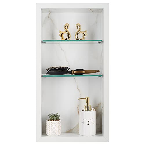 Nicho Em Porcelanato Polido Para Banheiro Com Prateleira De Vidro (Calacata Premium Lux)