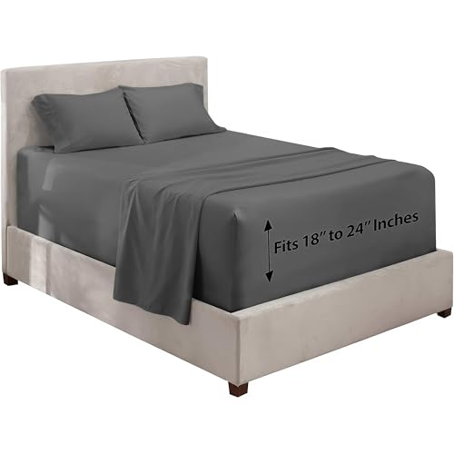Hearth & Harbor Bed Linen Set - Queen Sheet Set, 4 Piece, Charcoal Stone Gray, Microfiber, Extra Deep Pocket, Fits Up to 24\" Mattress, Luxury Soft Bed Sheet Set
