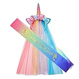 KKSJK Einhorn Haarreif mit Perücke, Bunte Schleier Einhörner Haarband, Geburtstag Farbverlauf Meerjungfrau Schärpe für Mädchen, Kinder Einhorn Kostüm Geburtstagsdeko, Happy Birthday Party Zubehör