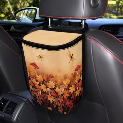 Image of Talayituse Dragonfly Maple Leaf Mushroom Print Car Trash Can with Lid, Leak Proof Auto Trash Bag Hanging Vehicle Garbage Can Multipurpose Storage Container for Back Seat Road Trip Fall Decor