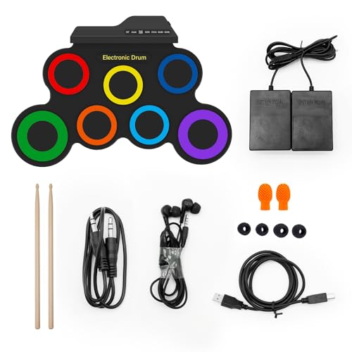 Image of Portable Electronic Drum Set - 7 Pads Roll up Drum Practice Pad with Pedals & Stick, Headphone, Jack in Drum Set Kit for Kids and Adults, Great Holiday Christmas & Birthday Gift