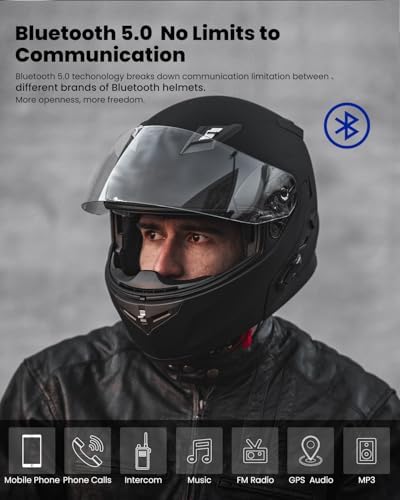 ILM Bluetooth Integrated Modular Flip up Full Face Motorcycle Helmet Sun Shield Mp3 Intercom Model 953PRO (M, Matte Black) - 2