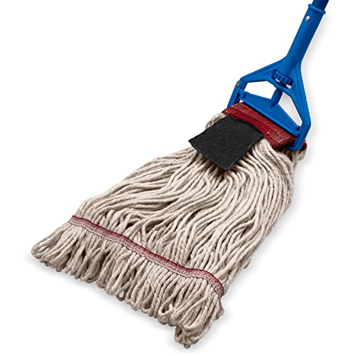Image of SPARTA Flo-Pac Mop Head Loop-Ended, Wide Band with 5 inch Red Band with Scrubber for Organized Cleaning, Large, Natural, (Pack of 12)