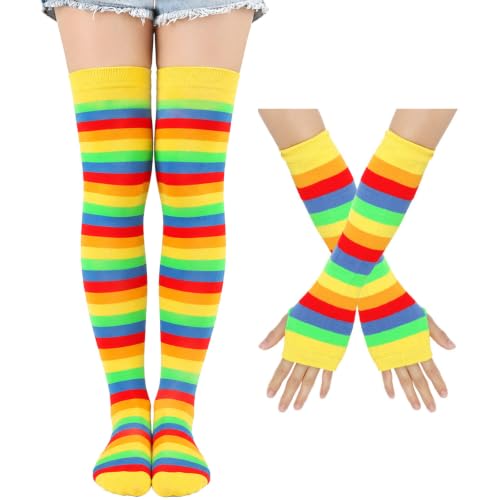 Image of Black and White Striped Arm Leg Warmers Sleeves Set Rainbow Socks Knee High Fingerless Gloves Hand Thigh Warm