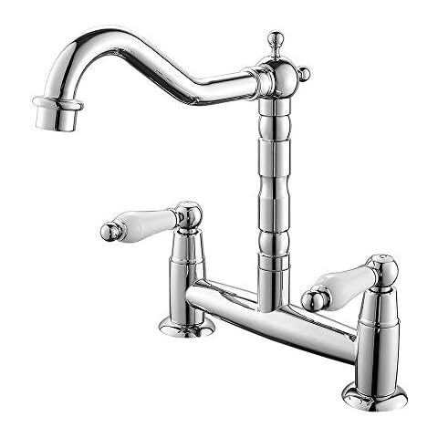 Kitchen Sink Mixer Taps Double Handle 2 Hole Deck Mounted Swivel Spout Modern Basin Sink Tap Ceramic Lever Brass Monobloc Chrome Cover