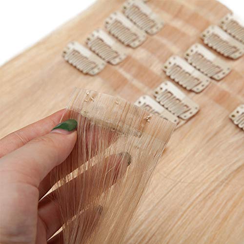 Hairro Seamless Clip In Hair Extensions Real Human Hair With Pu Tape Weft For Women 16 Inch Long Bleach Blonde Tape Weft Clip On Human Hairpieces Thin 8 Pcs 18 Clips #613 #TOP3