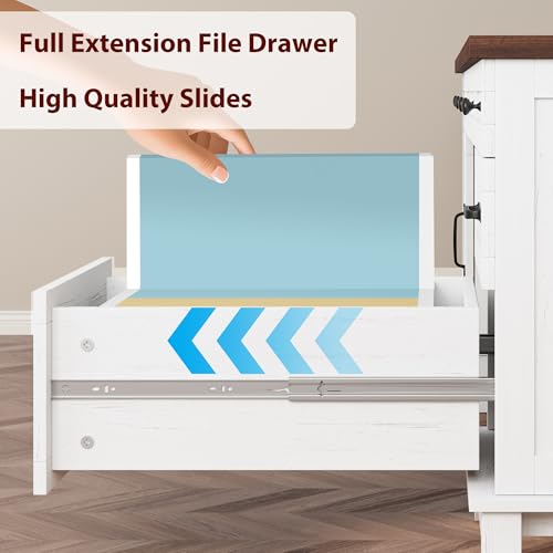 GarveeHome Executive Desk with File Drawers, Farmhouse Home Office Desk with Charging Station, 60" Wooden Computer Desk with Cabinet Storage for Work Study Writing, White Walunt
