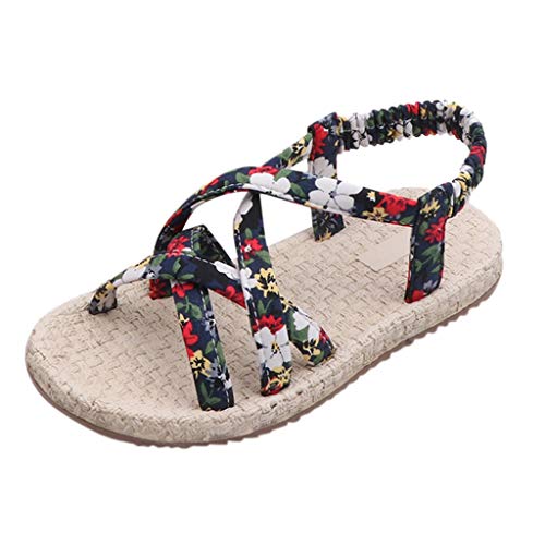 Little Kids Baby Girls Sandals Cross Floral Strap Upper Princess Shoes Roma Style Open-Toe Slip On Casual Flat Boots (Green, 8-9 Years old)