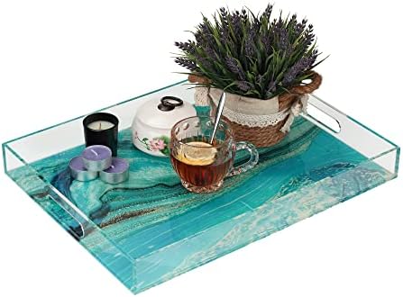 WORHE Acrylic Galaxy Serving Tray with Handle, Universe Foodservice Tray for Kitchen Dinning Room, Decorative Plastic Table Tray for Bathroom Vanity Countertop (YGC010)