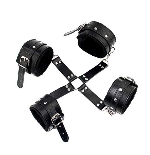 Black Faux Leather Hand and Ankle Cuff Restraint Kit with Hogtie, BDSM Bondage Kit with Handcuffs and Legcuffs, Sex Position Restraint Kit with Multipositional Hog-Tie