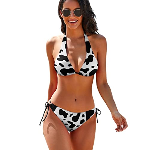 Women Sexy Triangle Bikini Swimsuit Cow Print Halter String Two Piece Bathing Suits