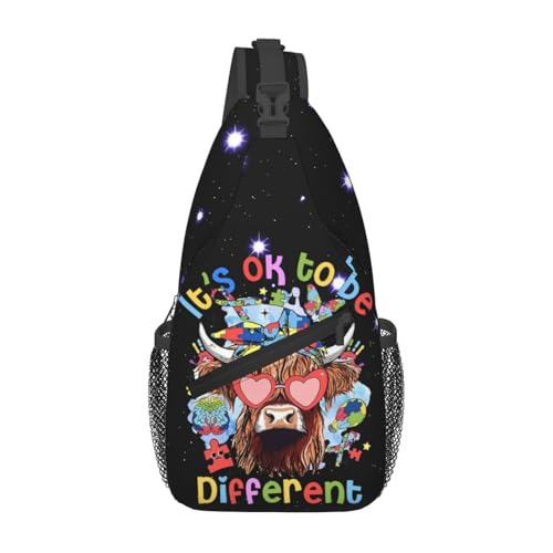 Highland Cow with Autism Puzzle Heart Sunglasses Sling Backpack Unisex Crossbody Chest Bag Shoulder Chest Bag For Women Men Hiking Travel