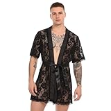 ITODA Men's Sexy Sissy Lace Bathrobes Pajamas Robes Set Night Lingerie with Thong