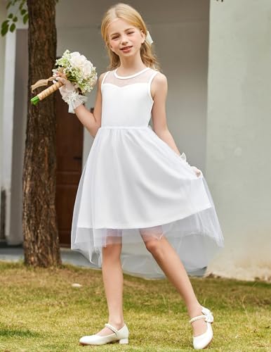 Image of Arshiner Girls Dresses Formal Party Wedding Tulle Sleeveless Contrast Mesh High Low Dress with Belt