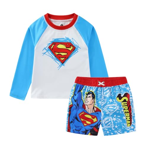 WARNER BROS Superman Boys UPF 50+ Rash Guard and Swim Trunks Shorts Swimwear Set Swimsuit for Toddler and Big Kids Blue