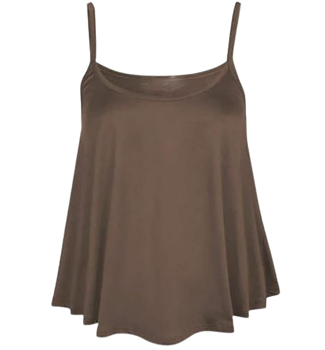 Real Life Fashion Ltd Women's Brown Sleeveless Flared Cami Vest Strappy Neck Tank Top Summer Wear Tee Beach Top Flared Swing Cami Vest Outdoor Casual Wear Plus Size Top Uk 8-28