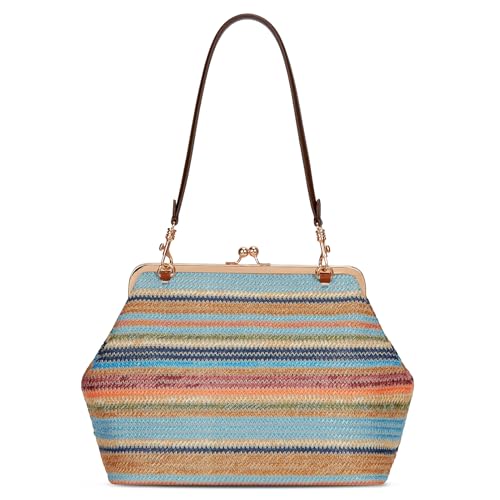 CATSEA Large Women's Kiss Lock Bag PU Medium Top Handle Handbags Kiss Clasp Shoulder Bags Tote Purse Messenger Clutch (Straw - Colorful)