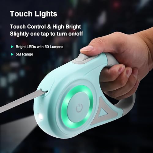 MoYouno 5 m Einziehbare Hundeleine,Strapazierfähige Hundeleine,Automatisch Ausziehbar, Für kleine,Mittelgroße und Große Hunderassen bis zu 5 m 30 kg,Ausziehbare Hundeleine mit LED-Lichtern(Mintgrün)