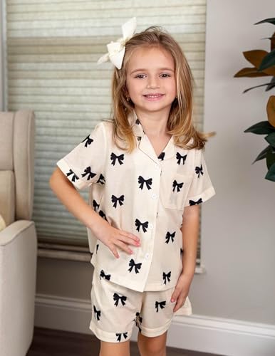 Image of Arshiner Girls Pajamas Sets Short Sleeve Kids Pjs Button Down Sleepwear | Cute Printed Pajamas for Little & Big Girl, Lightweight Comfy Fabric, 2-Piece Outfits, Perfect for Lounge Pajamas Party