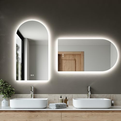 SIRHONA Miroir Salle de Bain Arquée 80x40cm, Dimmable, 3 Couleurs Légères, Anti-buée, Mémoire, IP44, Douille, Mirroir Lumineux Salle de Bain, Horizontal/Vertical