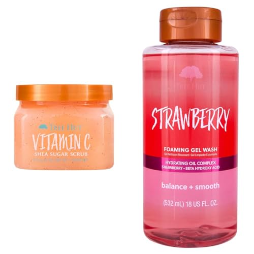 Tree Hut Vitamin C Shea Sugar Scrub, 18 oz & Strawberry Foaming Gel Wash, 18 oz - Hydrating Body Scrub & Cleanser