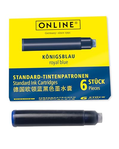 ONLINE Standard-Tintenpatronen, universelle Füller-Tinte, kompatibel mit allen gängigen Standard-Füllern, Ersatz-Patronen für Füllhalter und Rollerball, 6 Stück, Farbe königsblau, löschbar