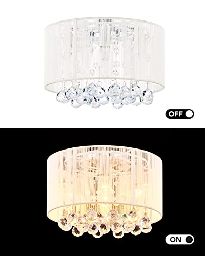 Vonluce 4-Light Flush Mount Crystal Ceiling Light, Small Drum Crystal Chandelier With Cylinder Net Lamp Shade, Modern Raindrop Crystal Light Fixture For Entry, Bedroom, Hallway, Kitchen #TOP1