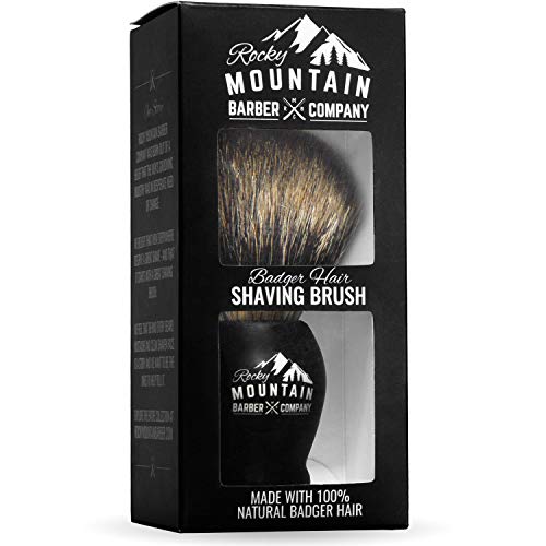 Shaving Brush With Stand - Rocky Mountain Barber Pure 100% Best Badger Hair Barber Grade With Black Heavy Duty All-Resin Handle And Oversized Bristle Head For Better Shaving Cream Lather #TOP6