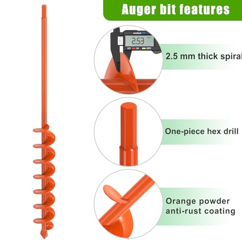 Insaga Auger Drill Bit for Planting 2x32 Inch, Heavy Duty Garden Earth Auger with Safety Edges & Orange Anti-Rust Coating, Compatible with Cordless Drills for Clay/Rocky Soil/Sandy Lawn (Hex Shank) - Thumbnail 4