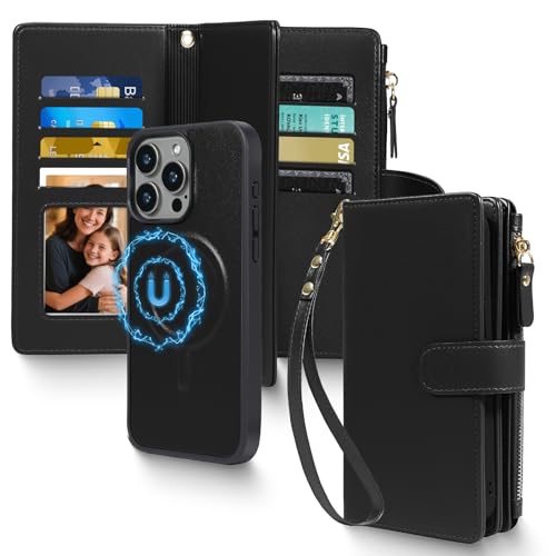 Harryshell 2 in 1 for iPhone 14 Pro Max Wallet Case Magnetic Compatible with Magsafe RFID Blocking Card Holder Detachable Phone Cover Zipper Purse Kickstand Wrist Strap for Men Women 6.7" 2022 Black - image 1