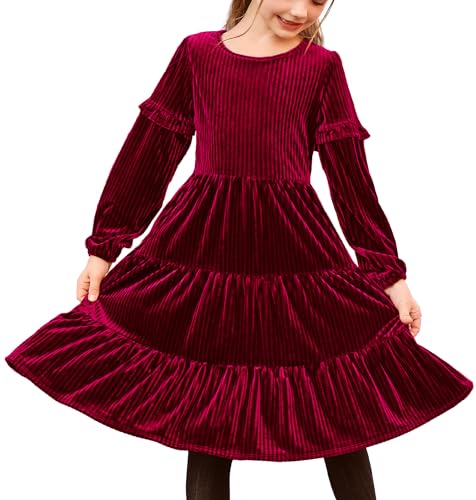 Arshiner Mädchen Samt Kleid Weihnachtskleid Rot Langarm Kleid Partykleid...
