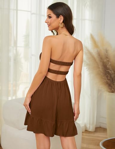 Image of Meladyan Women's Twist Knot Bandeau Tube Dress Solid Strapless Backless Mini Dresses Summer Hollow Ruffle Beach Dress