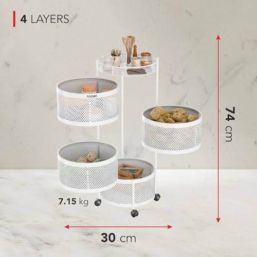 Image of Amazon Brand - Solimo 360 Revolving Preassembled Portable 4 Layer Round Multipurpose Storage Kitchen Rack Carbon Steel Fruit Vegetable & Spice Trolley with Wheels for Kitchen Organizer(Matte, White)