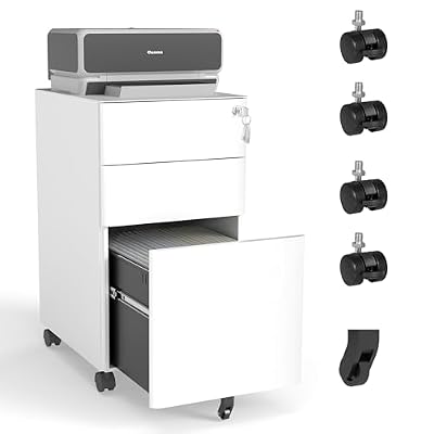 Kiwaou Mobile File Cabinet 3 Drawer Locking, All-Steel Storage on Wheels, Two Shallow & One Deep Drawer for Office Home, White, 110lbs/Drawer, Anti-Tip, Fully Assembled
