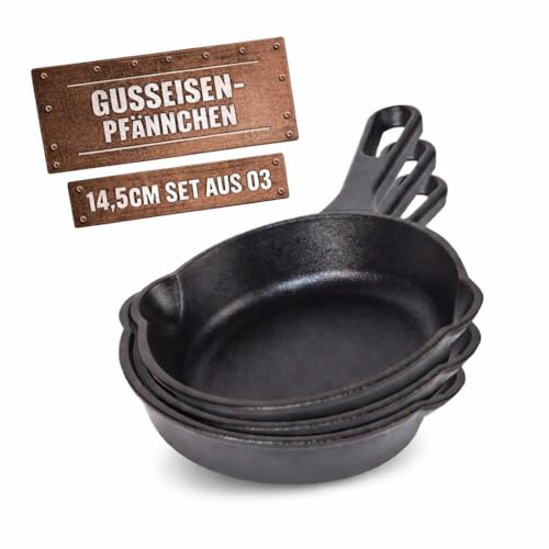 BBQ BOSS Gusseisen Pfännchen [3er Set] Gusseisenpfanne – Grill Pfanne – Grillpfännchen – Ø14,5cm – je 250ml – klein