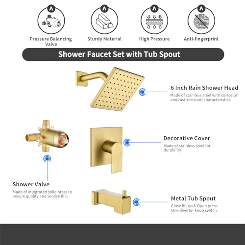 Juego de grifería para ducha y bañera en acabado dorado cepillado, con cabezal lluvia de 6 pulgadas y salida para bañera miniatura 2