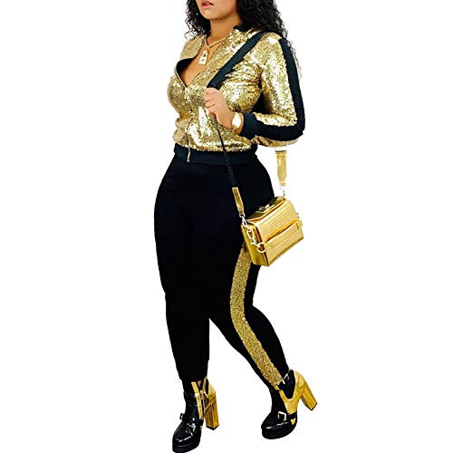 acelyn Women's Sequin 2 Piece Outfits Long Sleeve Zipper Jacket and Pants Tracksuit Set Golden Large - Thumbnail 2