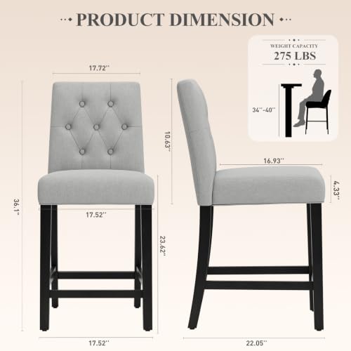 Image of MALOL Bar Stools Set of 2, Fabric Counter Height Bar Stools, Light Gray