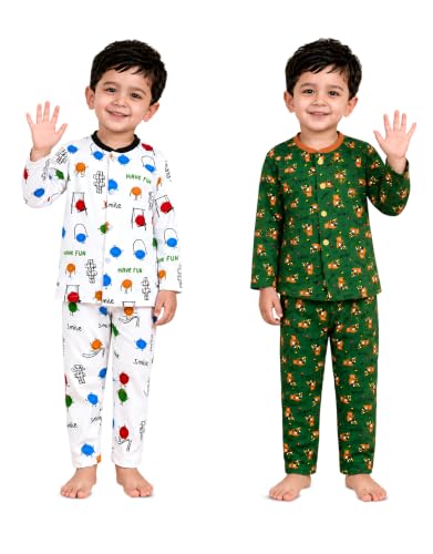 Image of 3BROS Kids Pure Cotton Night Suit Set | Boys Girls Printed Sleepwear Shirt & Pajama Clothing Combo | Soft Breathable Night Dress Outfit | Pack of 2