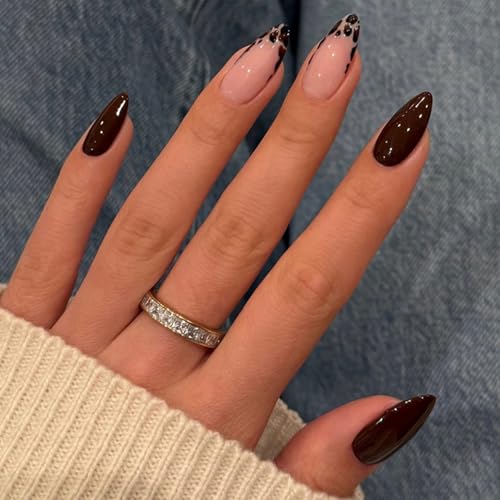 Almond Press on Nails Brown Fake Nails French Leopard PrintArtificial Nail Solid Color MinimalismAcrylic Stick on Nail for Women