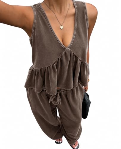 Whrounnk Women's 2 Piece Outfit Vintage Distressed Tie-Dye V-Neck Camisole